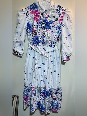 PORTER Floral Midi Dress in White with Blue & Pink Accents Size 16